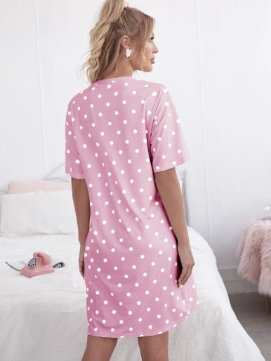 Polka Dot And Slogan Graphic Nightdress