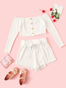 Girls Button Front Tee & Paperbag Waist Skirt Set