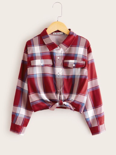 Girls Button Front Knotted Plaid Shirt