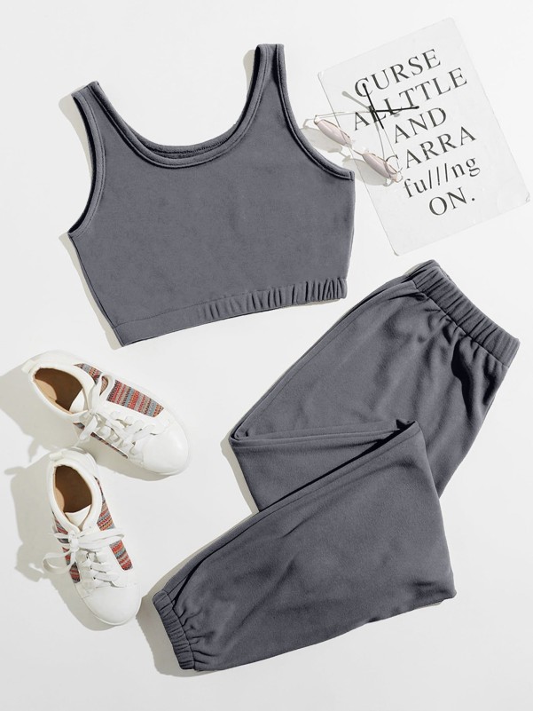 Solid Crop Tank Top With Pants Lounge Set