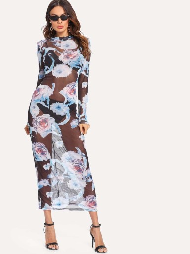Floral Print Sheer Mesh Dress Without Lingerie Set