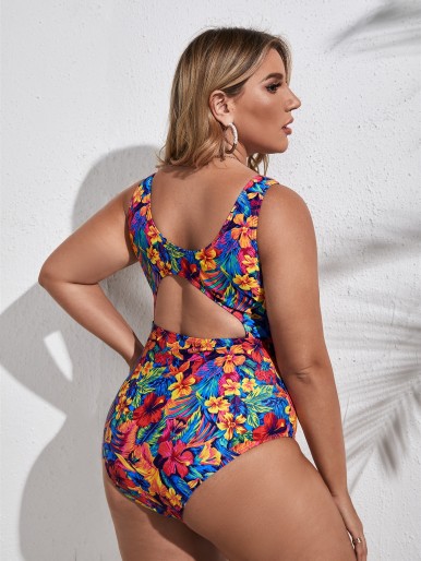 Plus Floral Cut-out One Piece Swimsuit