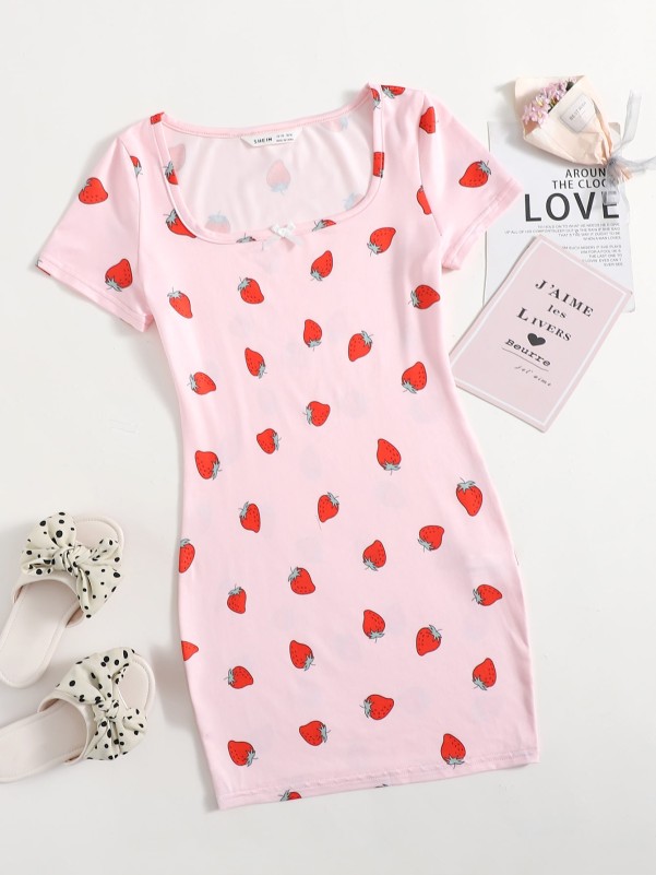 Girls Scoop Neck Strawberry Print Dress