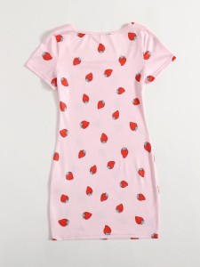 Girls Scoop Neck Strawberry Print Dress