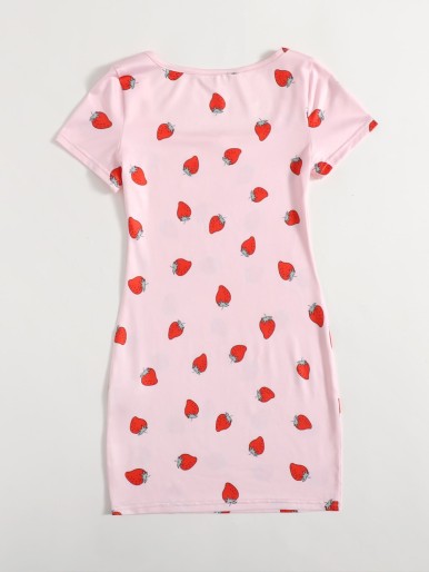 Girls Scoop Neck Strawberry Print Dress