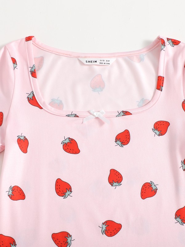 Girls Scoop Neck Strawberry Print Dress