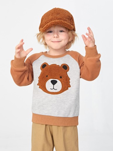 Toddler Boys Bear Embroidery Raglan Sleeve Colorblock Sweatshirt