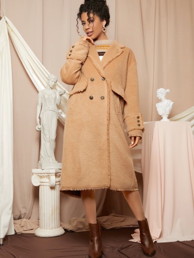 Notched Collar Buttoned Front Split Back Raw Trim Coat