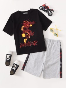 Boys Chinese Dragon & Letter Graphic Tee And Shorts Set