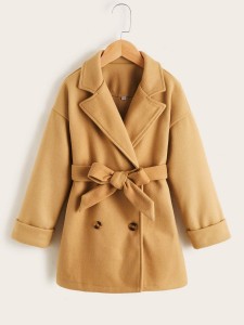 Girls Drop Shoulder Double Breasted Belted Overcoat