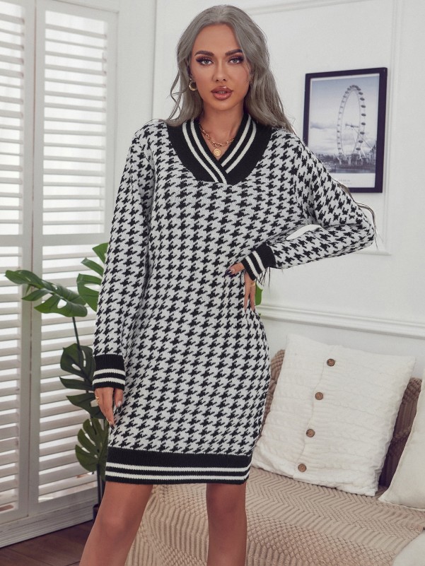 Houndstooth & Striped Pattern Sweater Dress Without Belt