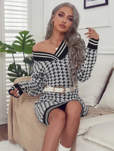 Houndstooth & Striped Pattern Sweater Dress Without Belt