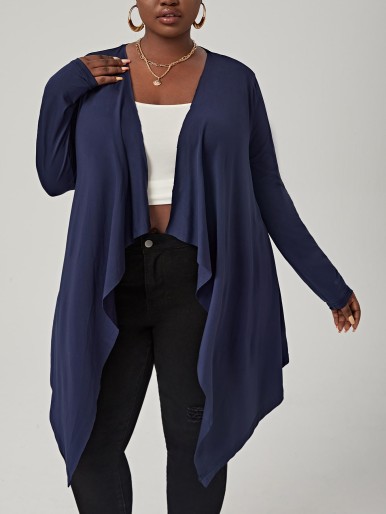 Plus Solid Asymmetrical Hem Open Front Coat