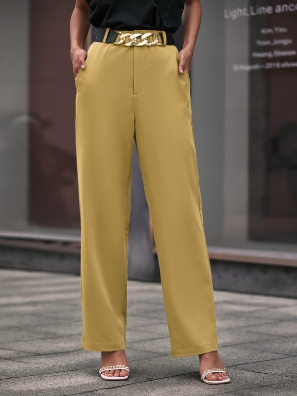 Solid Slant Pockets Tailored Pants Without Belt