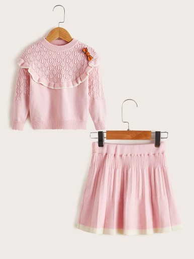 Toddler Girl Frill Sweater & Contrast Binding Knit Skirt