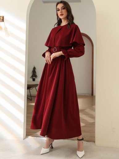 Solid Flounce Sleeve Belted Dress