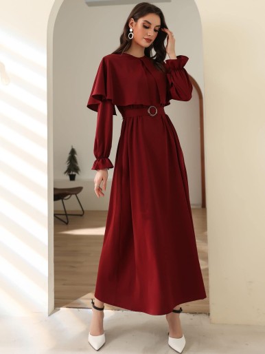 Solid Flounce Sleeve Belted Dress