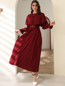 Solid Flounce Sleeve Belted Dress