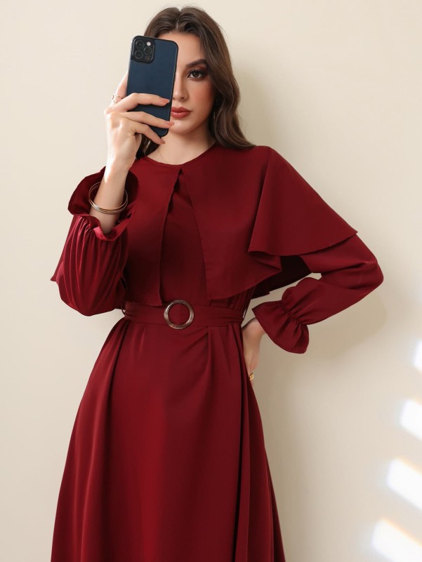 Solid Flounce Sleeve Belted Dress