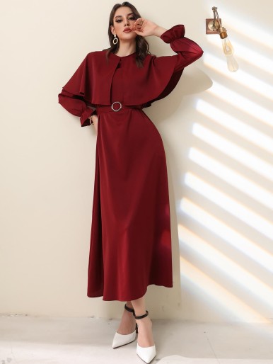 Solid Flounce Sleeve Belted Dress