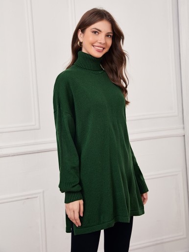 High Neck Drop Shoulder Sweater Without Belt