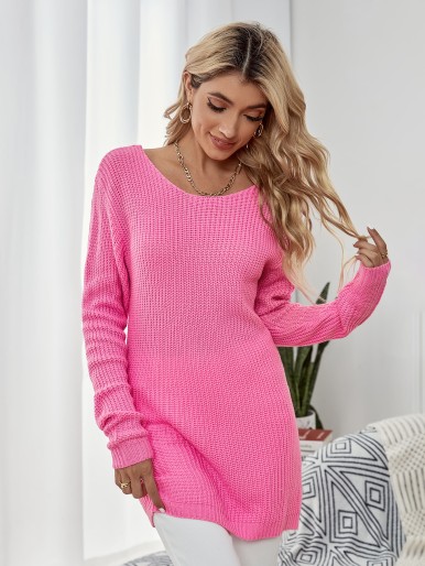 Scoop Neck Drop Shoulder Longline Sweater