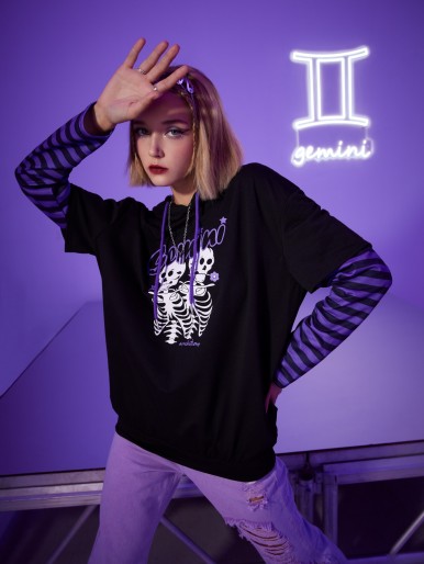 Gemini 2 In 1 Striped Sleeve Letter Skeleton Graphic Drawstring Hoodie