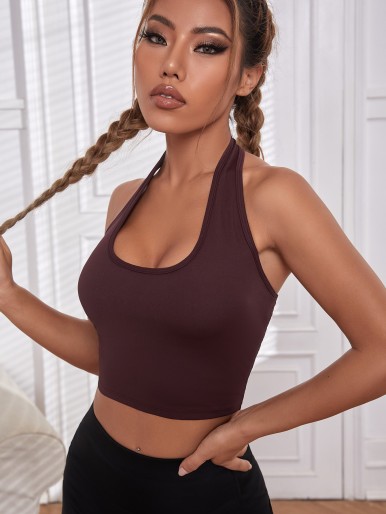 Solid Bow Back Halter Sports Bra