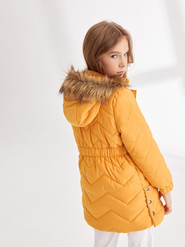 Girls Elastic Waist Zipper Up Hooded Winter Coat