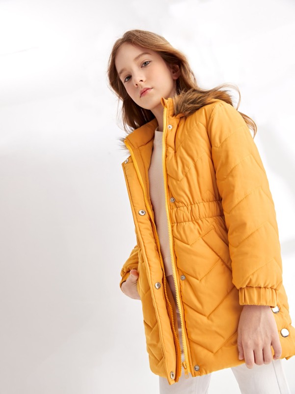 Girls Elastic Waist Zipper Up Hooded Winter Coat