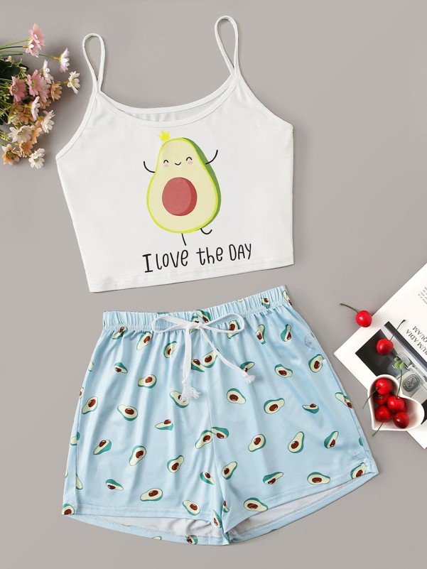 Letter & Cartoon Avocado Print Cami PJ Set