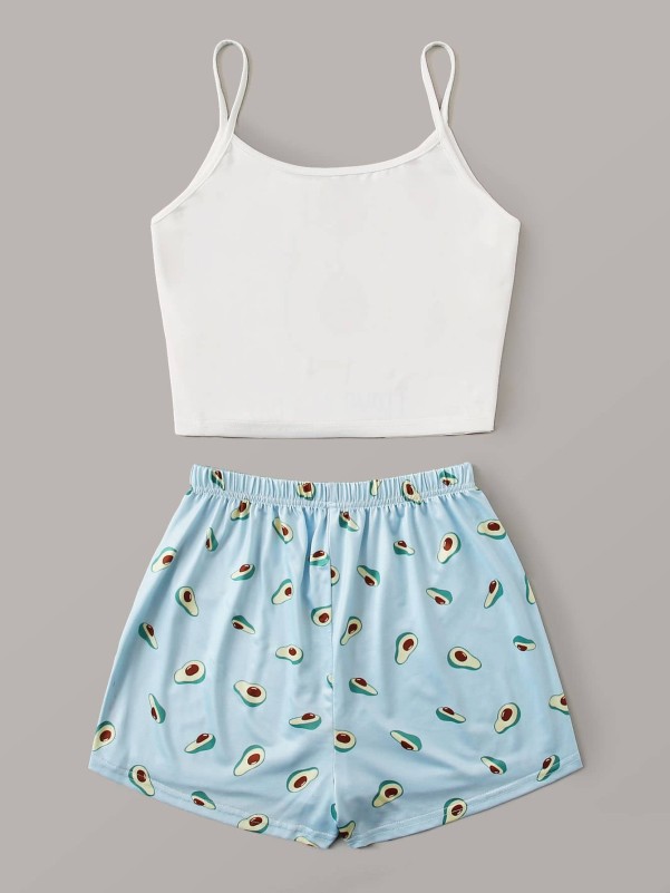 Letter & Cartoon Avocado Print Cami PJ Set