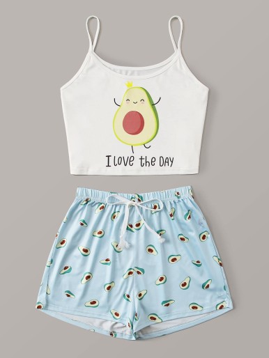 Letter & Cartoon Avocado Print Cami PJ Set