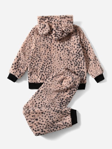 Girls Leopard Print 3D Ear Design Flannel PJ Set