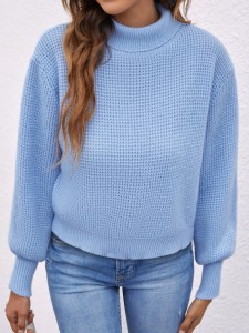 Turtleneck Waffle Knit Lantern Sleeve Sweater