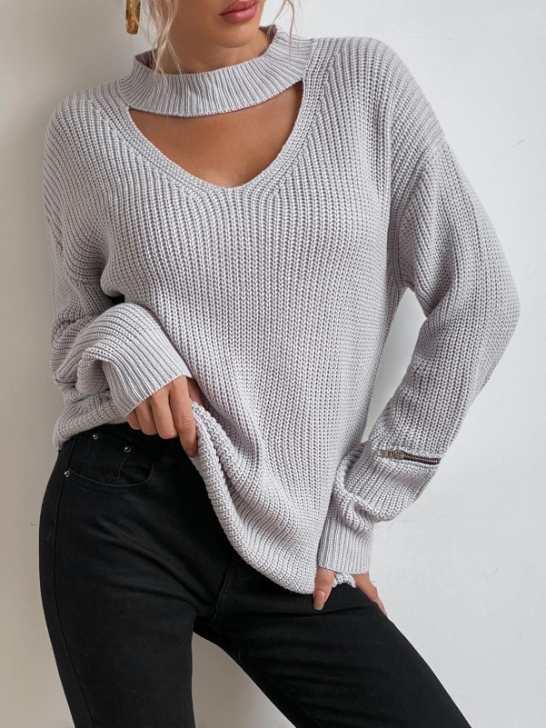 Solid Keyhole Neck Drop Shoulder Sweater