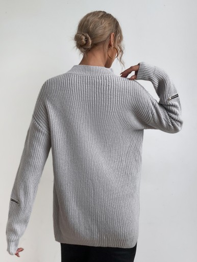 Solid Keyhole Neck Drop Shoulder Sweater