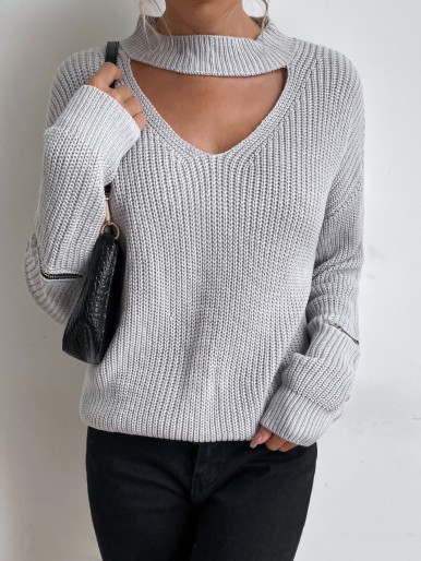 Solid Keyhole Neck Drop Shoulder Sweater