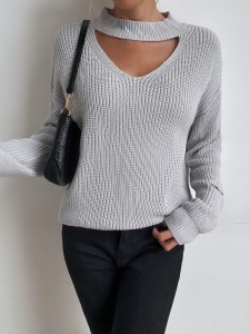 Solid Keyhole Neck Drop Shoulder Sweater