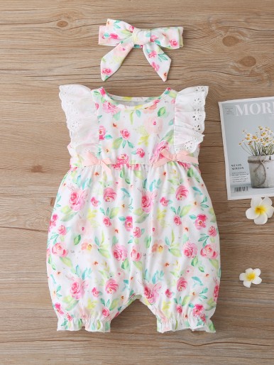 Baby Girl Floral Print Ruffle Trim Romper & Headband