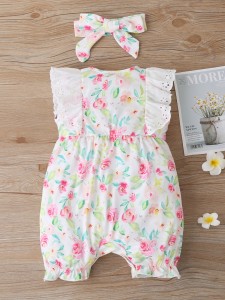 Baby Girl Floral Print Ruffle Trim Romper & Headband