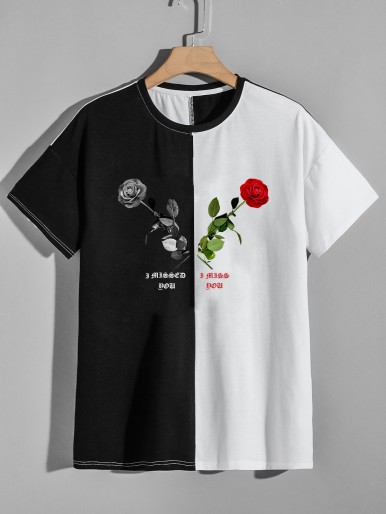 Men Floral And Slogan Graphic Colorblock Tee