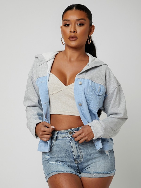 Two Tone Drop Shoulder Hooded Denim Jacket