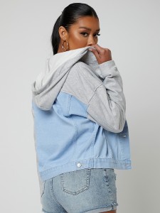 Two Tone Drop Shoulder Hooded Denim Jacket