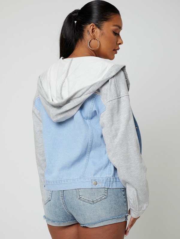 Two Tone Drop Shoulder Hooded Denim Jacket