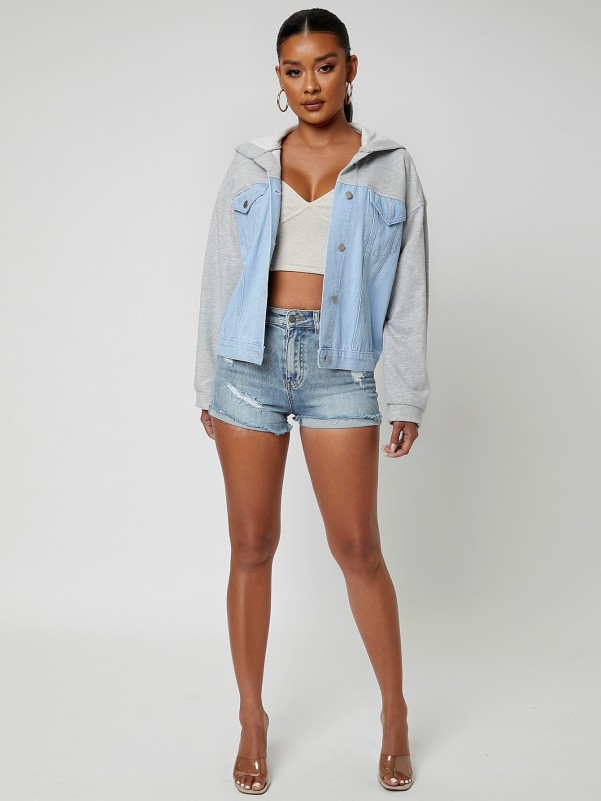 Two Tone Drop Shoulder Hooded Denim Jacket