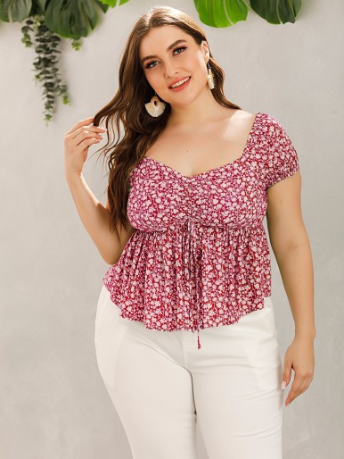 Plus Ditsy Floral Drawstring Babydoll Blouse