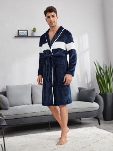 Men Color-block Teddy Belted Robe