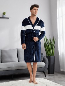 Men Color-block Teddy Belted Robe