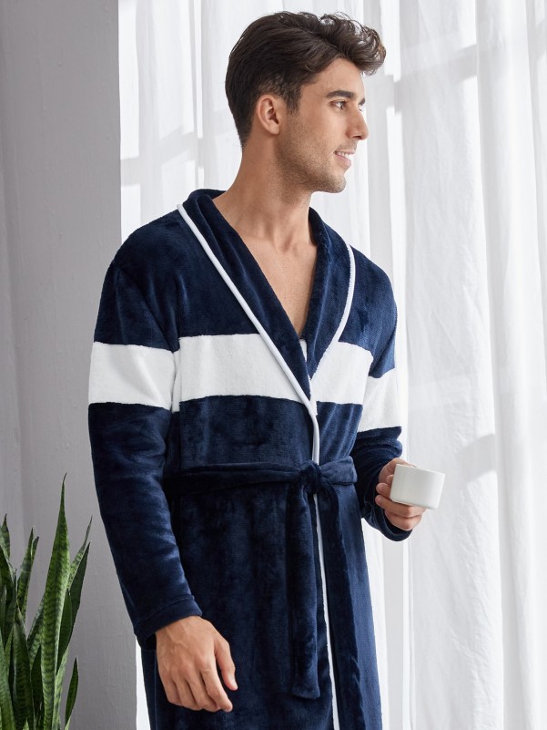 Men Color-block Teddy Belted Robe